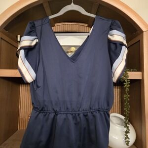Nine West Navy Blouse with White and Tan Accents